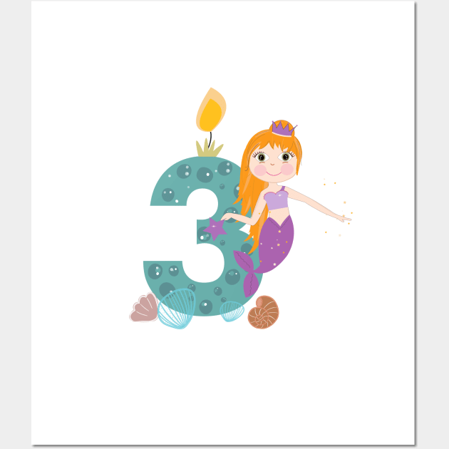 Cute little mermaid third birthday Wall Art by GULSENGUNEL